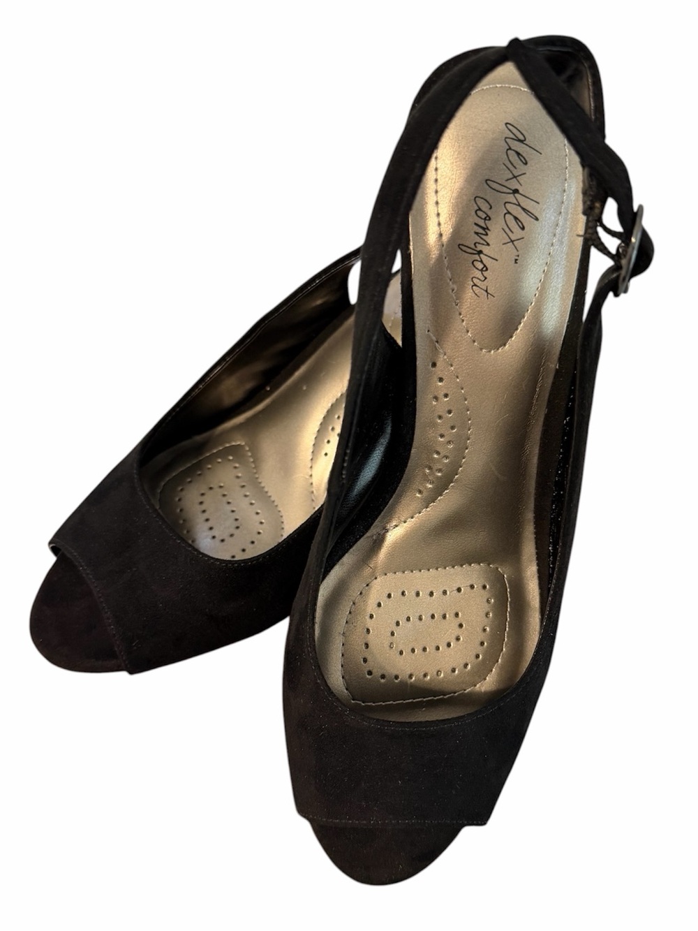 BLACK PEEP TOE HEELS  BLACK SUEDE 
SIZE 7 WIDE EXCELLENT CONDITION